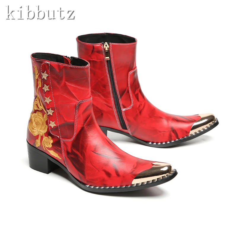 Red Genuine Leather Rivets Men Ankle Boots Brand Design Embroidery Flowers High Heel Boots Luxury Wedding Party Shoes