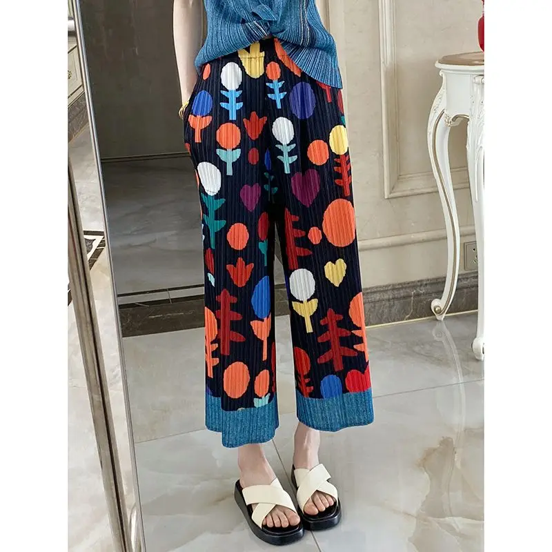 Folded niche  retro printing thin straight casual pants children's high-end summer drape eight-point nine-point pants