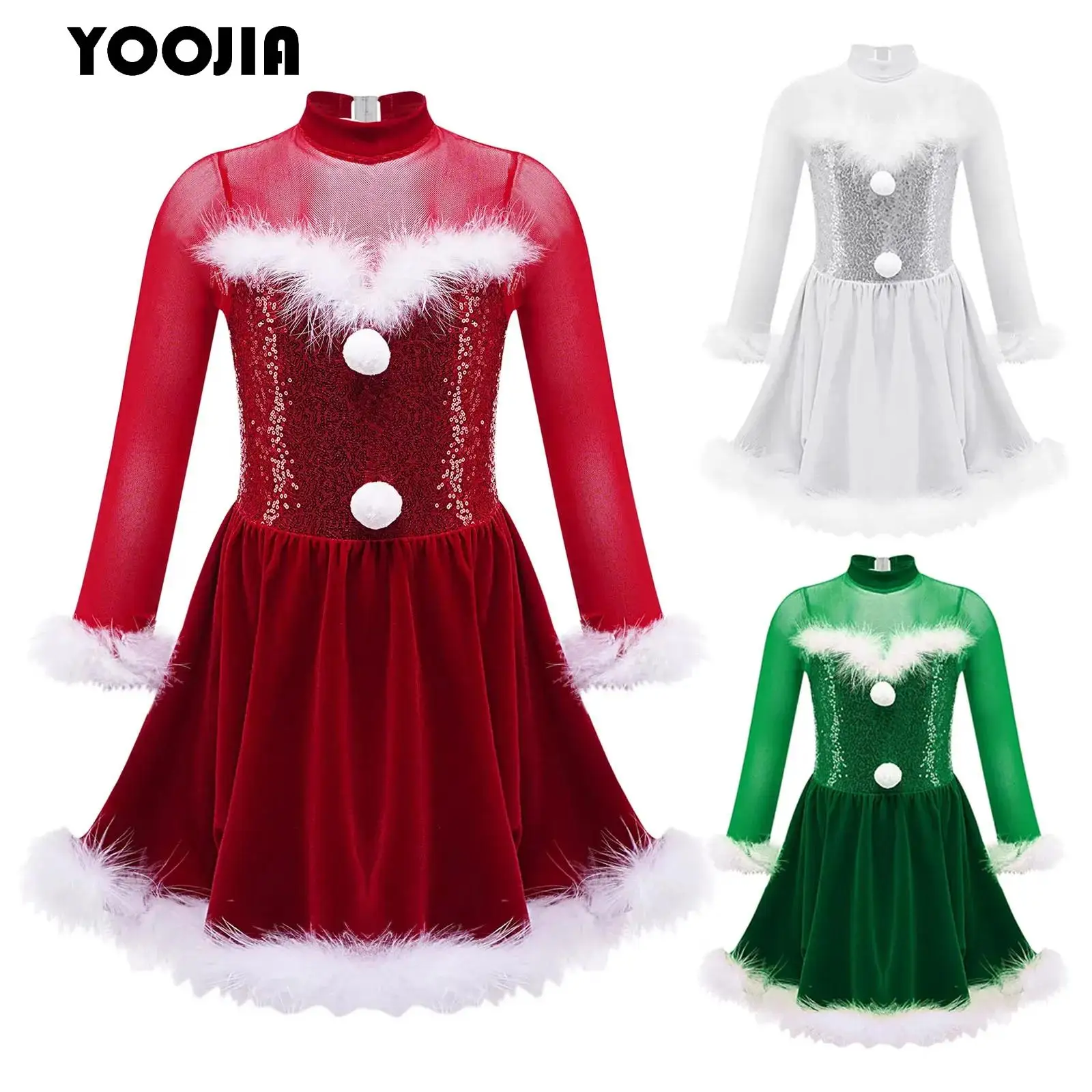Kids Girl Christmas Dance Costume Shiny Sequins Long Sleeves Figure Ice Skating Dance Dress Velvet Tutu Leotard Ballet Dancewear