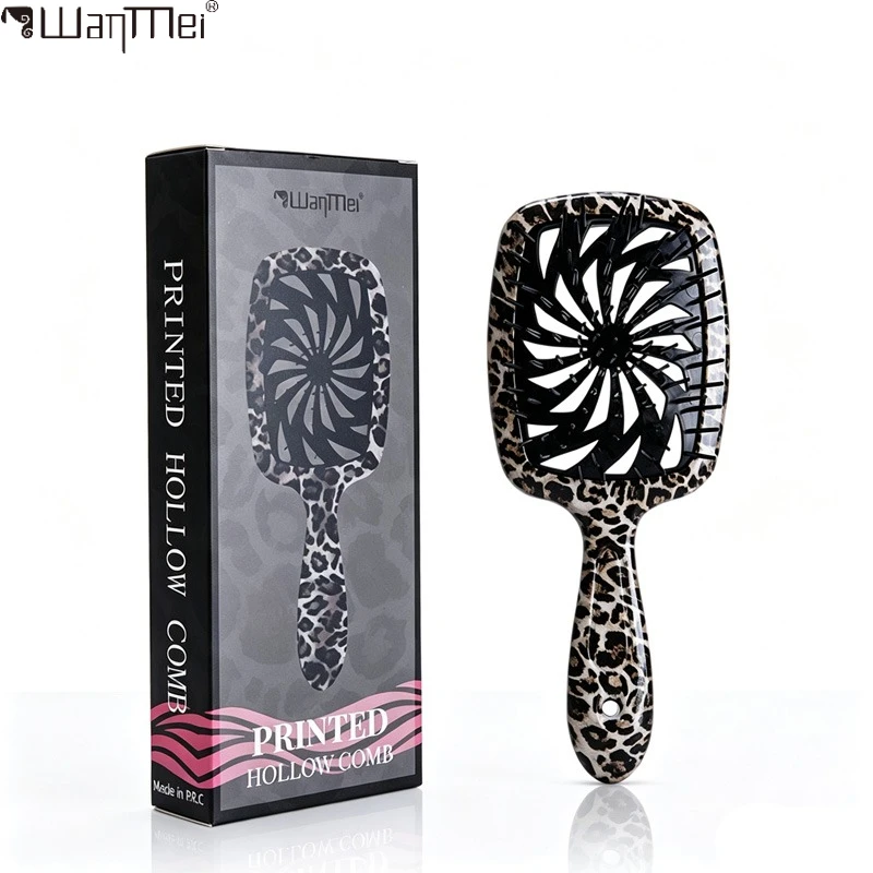 Leopard Print Hollow Hair Brush Detangler Scalp Massage Anti‑Static Hair Comb Wet Dry Styling Hairdressing Accessory With Box