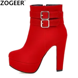 Fashion Women's Ankle Boots Winter Autumn Shoes Platform Boots Ladies Black Red Flock Buckle Short Shoes Woman Big Large Size 48