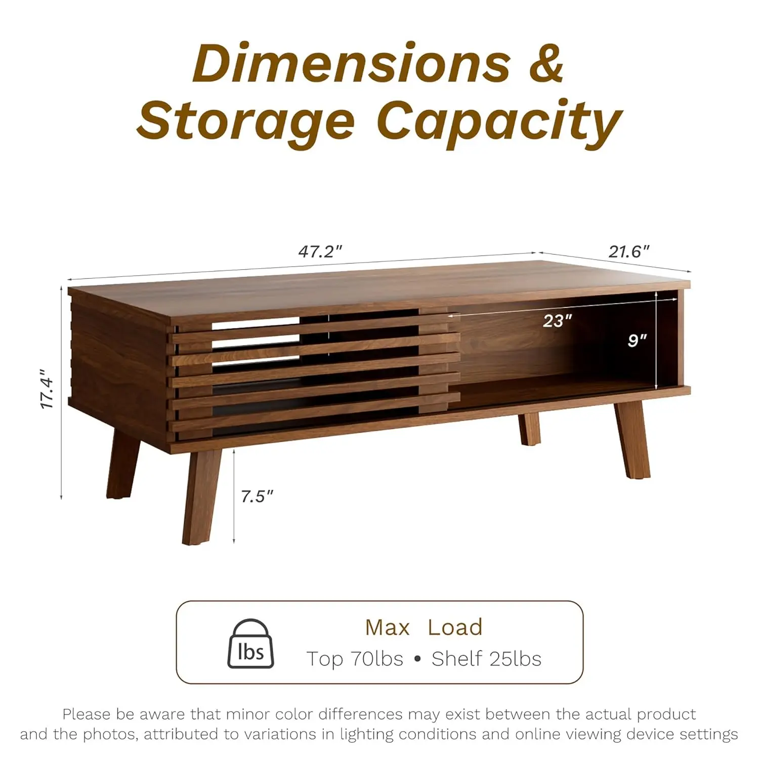 Mid Century Coffee Table with Storage & Sliding Fence Door, Modern Coffee Tables for Living Room, Walnut Finish, Customized
