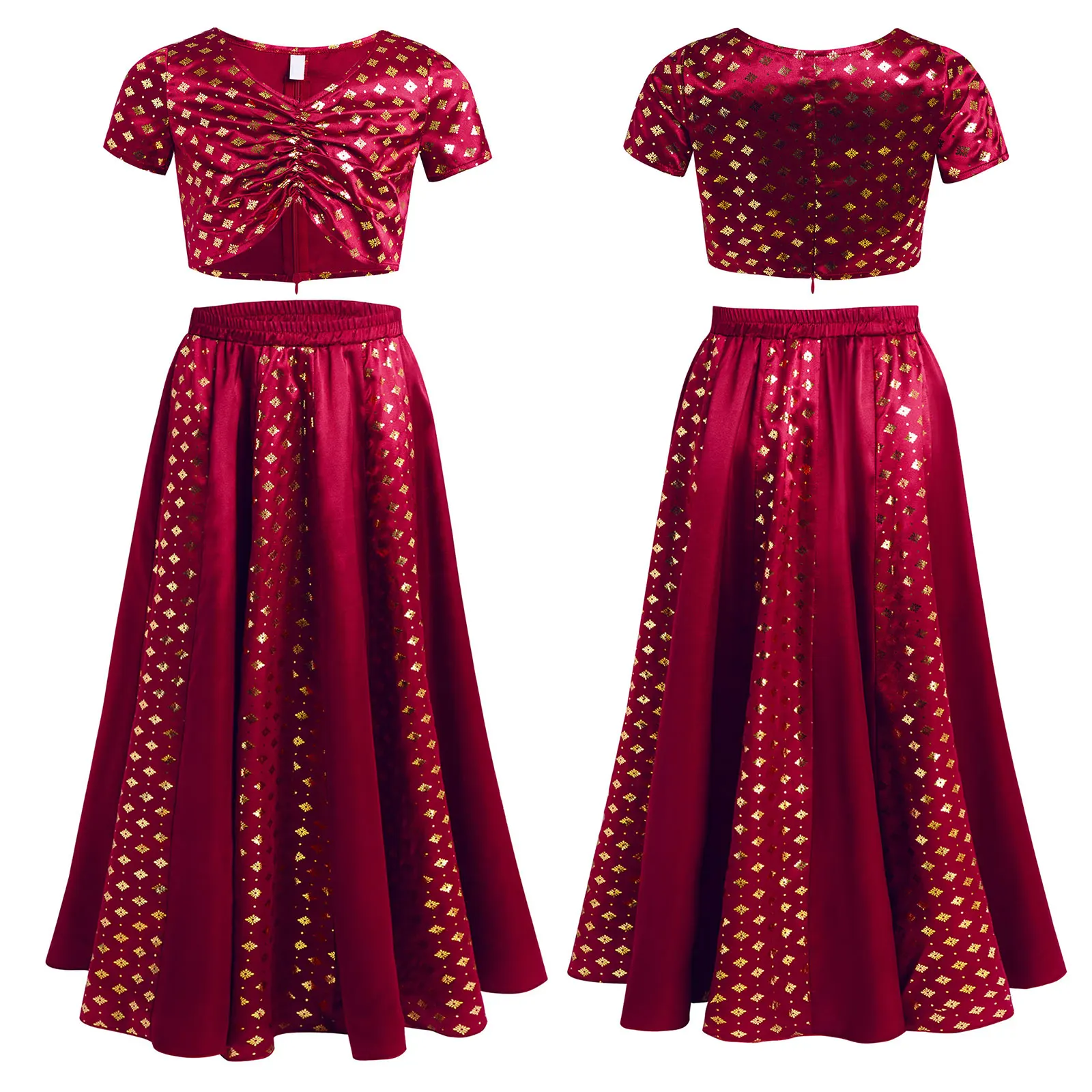 สาวอินเดีย Lehenga Choli ชุดแขนสั้นพิมพ์ลายดอกไม้เมทัลลิคซาติน Crop Top พร้อมกระโปรงสําหรับ Halloween Masquerade Role Play