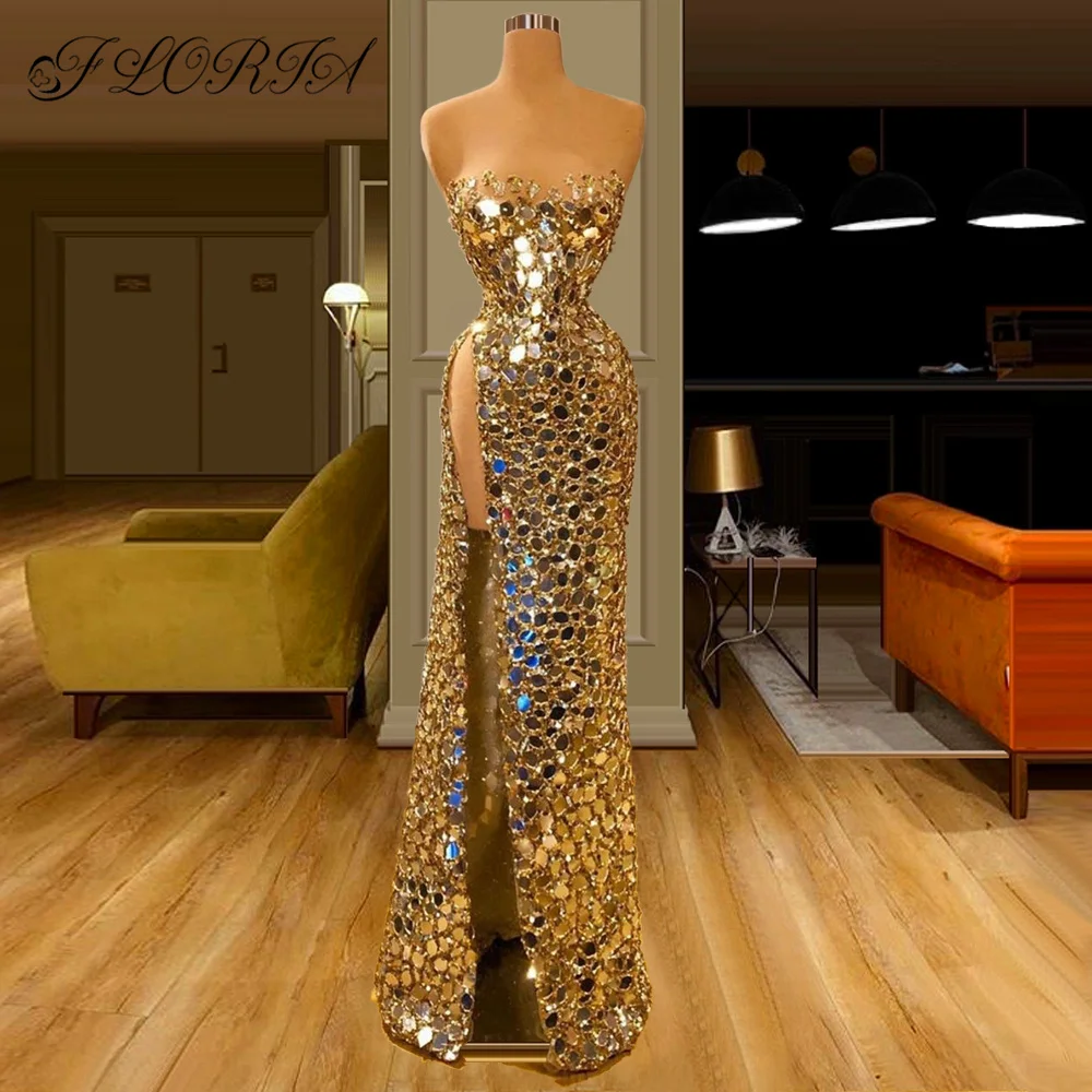 Dubai Women Full Crystal Sequin Evening Dresses 2024 Gold Stunning Celebrity Party Dress Prom Gown Formal Occasion Vestido Noite