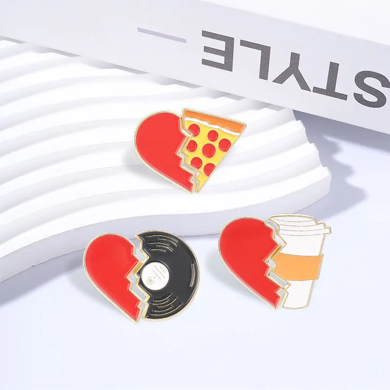 Broken Heart Matching Vinyl Record Coffee Cup and Pizza Slice Enamel Pins Retro Alloy Decor Brooch Bag Lapel Badge Jewelry Gifts