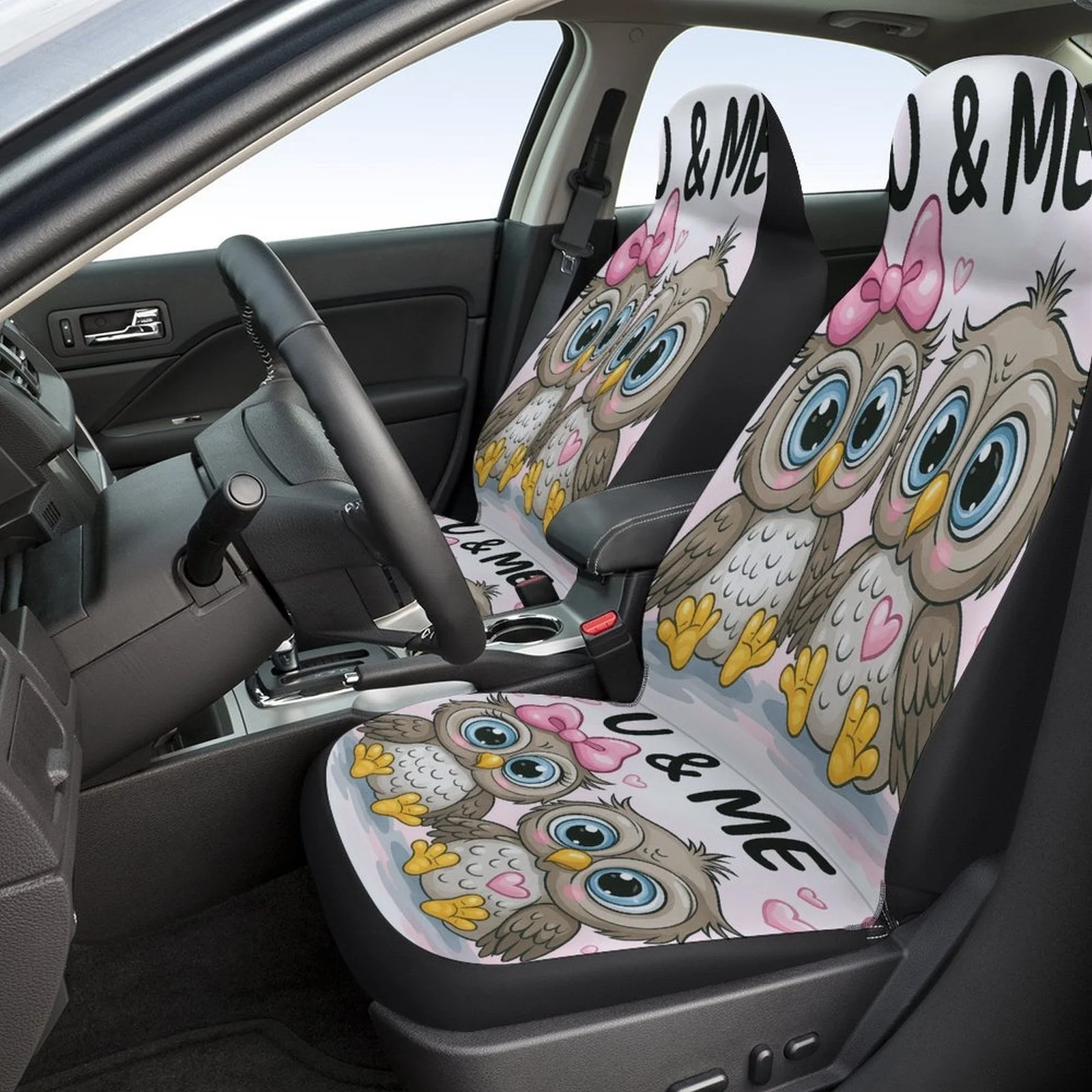 A Complete Set Of Stylish And Breathable Car Seat Covers Featuring Owl Designs, Suitable For Most Vehicles. These Universal Cove