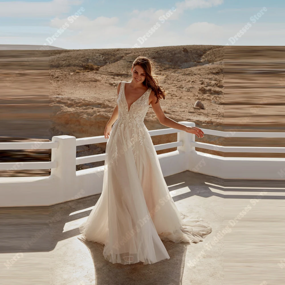 

Sexy Deep-V Neck A-Line Wedding Dresses For Women Graceful Appliques Lace Bridal Gowns Princess Ball Vestido De Novia Customized