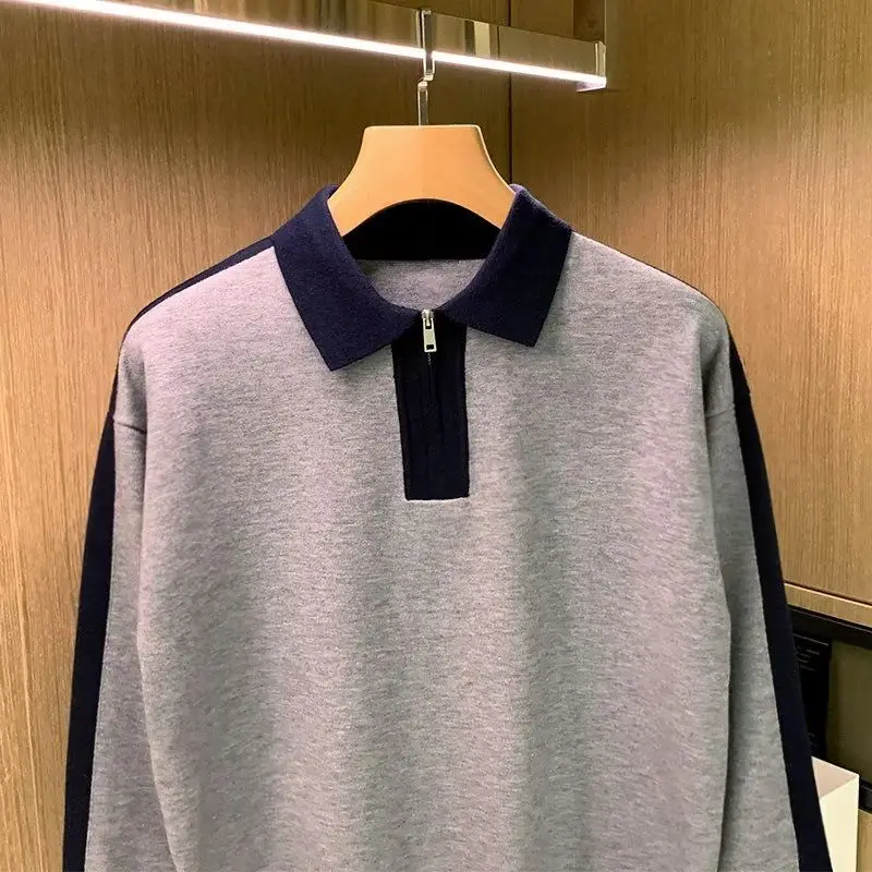 Mode baru musim gugur musim dingin sweater pria kerah Turn-down lengan panjang pakaian pria kasual rajutan Semua cocok atasan cantik