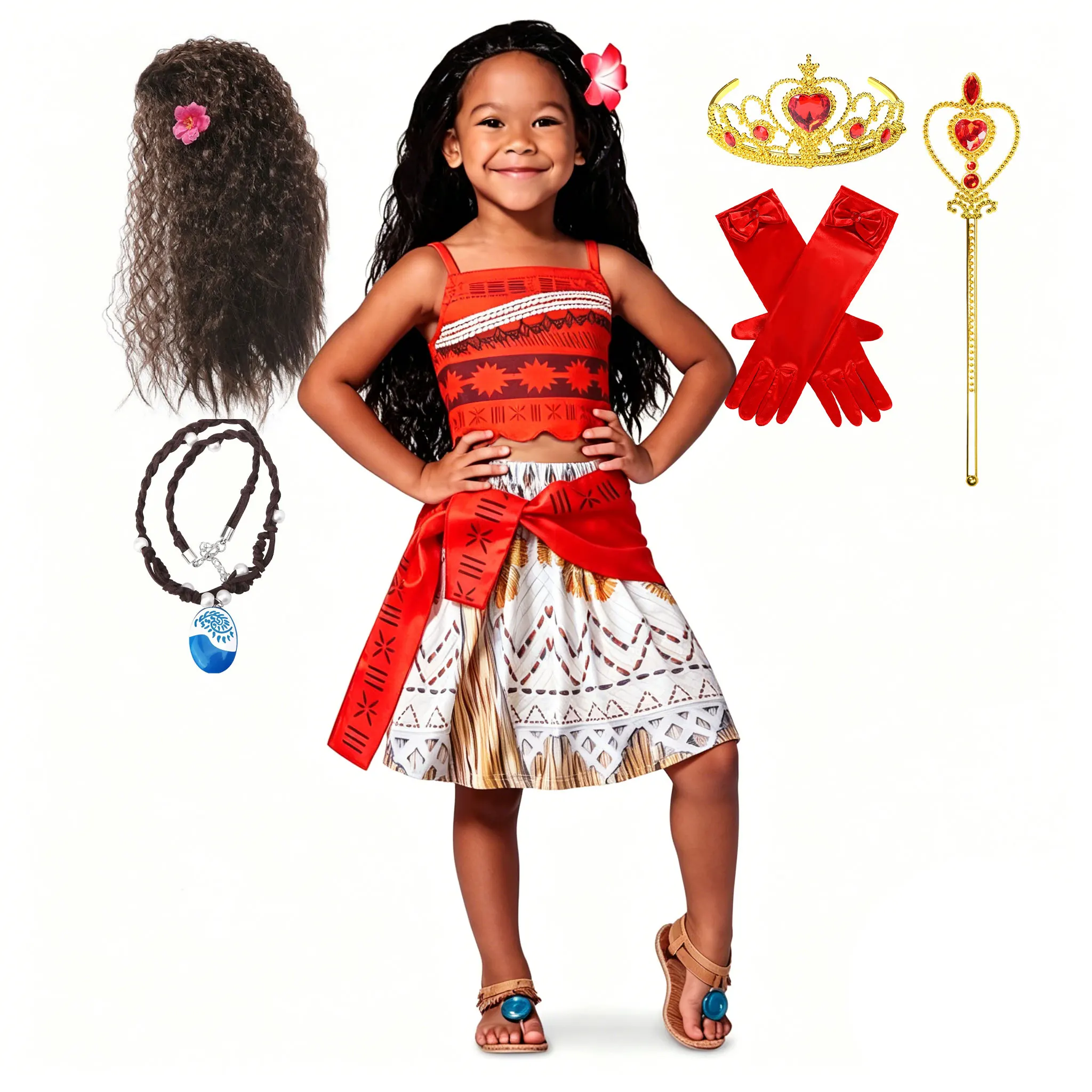 2026 Demi God Brave Voyager Moana Kostüm 3-teiliges Set Top+Rock+Gürtel Mädchen Ozean-Abenteurer Kinder Halloween Vaiana Prinzessinnenkleid