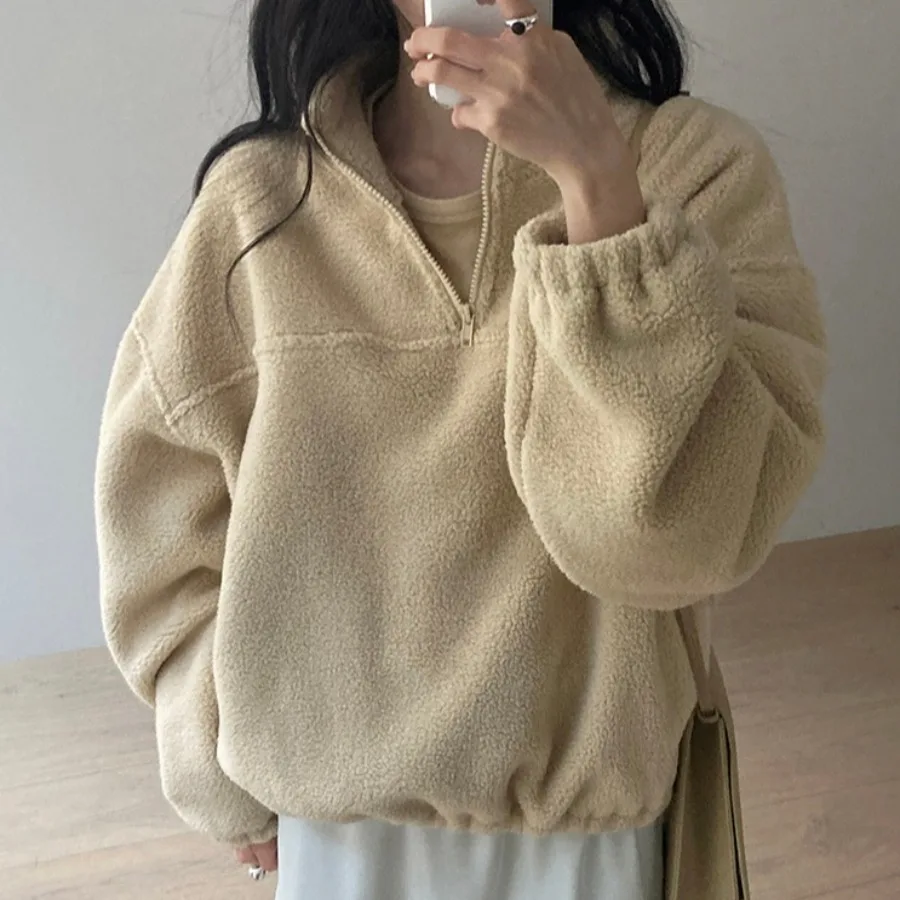 Chique herfst winter anti-aging retro klein ontwerp gevoel personali ritssluiting aan de voorkant kleine opstaande kraag fce hoodie damesstolsel...