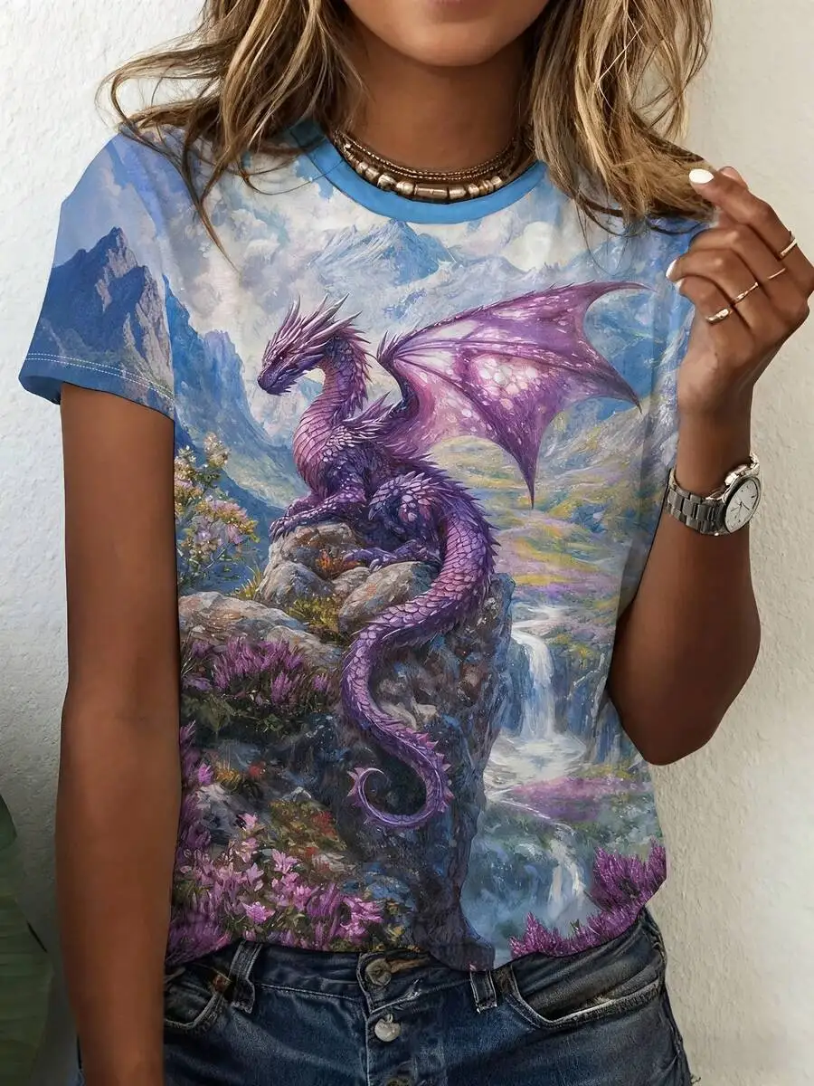 

Womens Purple Dragon Mountain Print T-Shirt, Crew Neck Short Sleeve, All Over Print, Polyester, Casual