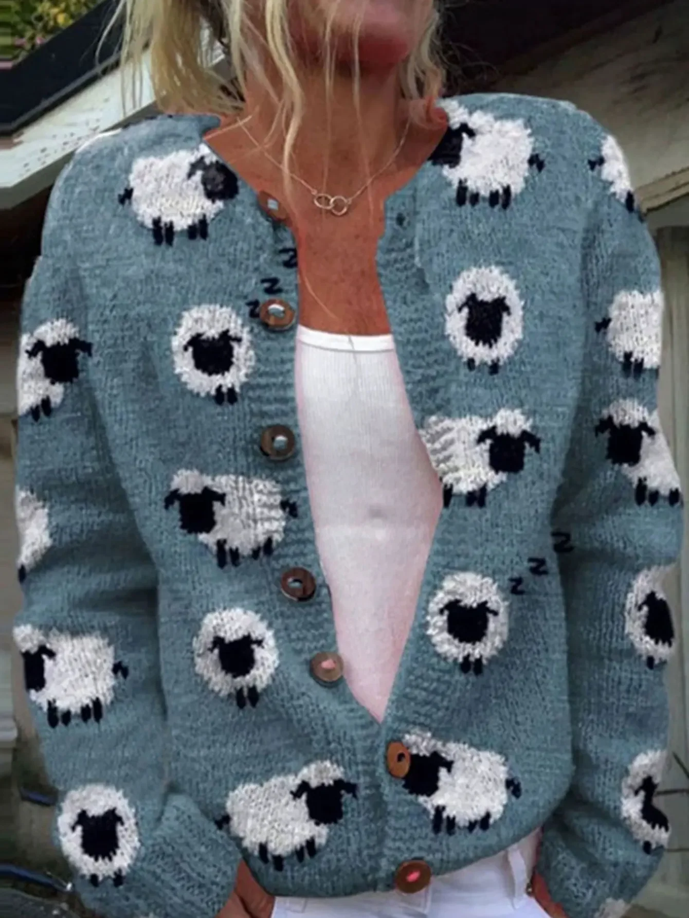 

Women's Cardigan Autumn Winter Cute Graphic Printing Single Breasted Rib Knit Long Sleeve Crew Neck Casual Cardigan