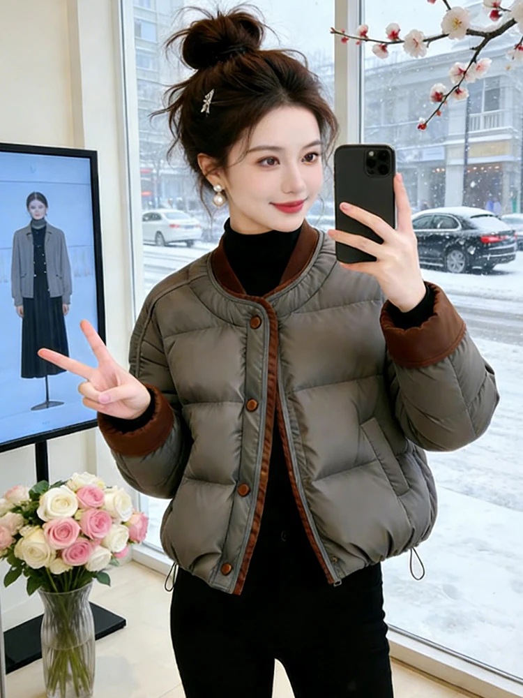 

Thiened Loose Women's Cotton Jaet Color Blo Warm Winter Outerwear Korean Sle Commute Long Sve round Ne Coat