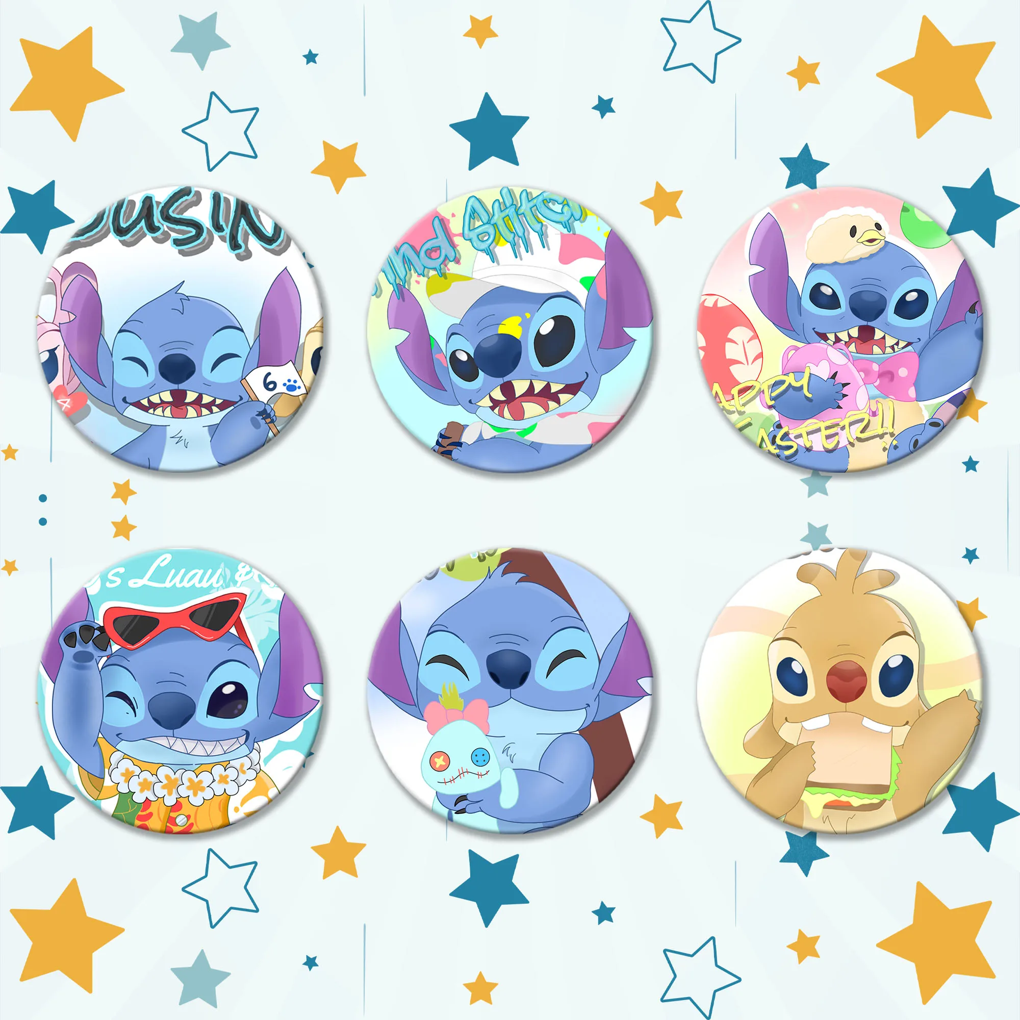 

58mm Anime Cartoon Lilo & Stitch Flash Sequin Badge Refrigerator Magnet Mirror Keychain for Clothes Backpack Decoration Gifts