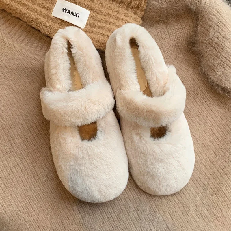 Winter Sweet Girl White Plush Flats For Women Word Strap Slip On Cotton Shoes Comfortable Round Toes Cute Velvet Warm Fury Shoes