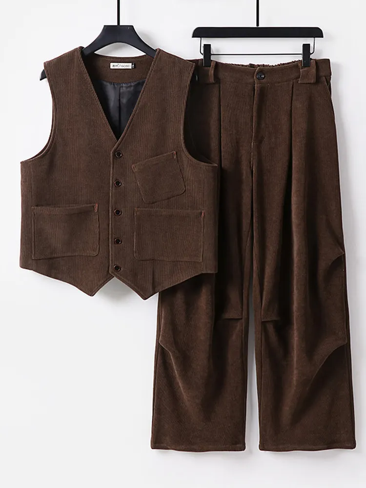 

Мужской вельветовый комплект жилета и брюк, осенняя повседневная одежда, длинный све, хлопок, полиэстер, смесь ткани, молодежный наряд Faion Clete