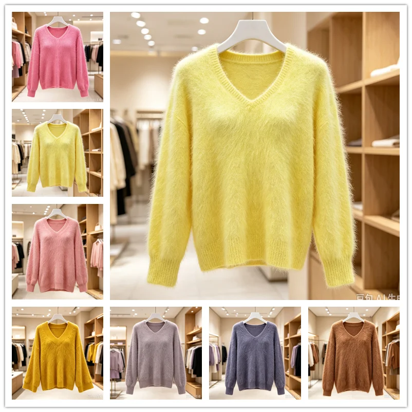 Ladies Women Fashion Soft Hairy Angora Rabbit Hair Knitted V-Neck Long Sleeves Loose Pullover Mink Fur Sweater Jumper Pull Tops
