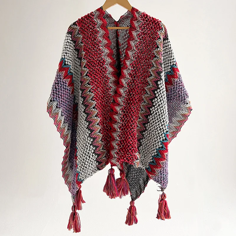 2026 New Ethnic Style Knitted Shawl Thick Tassel Split Hem Scarf Vintage Travel Versatile Women Warm Wrap Outerwear