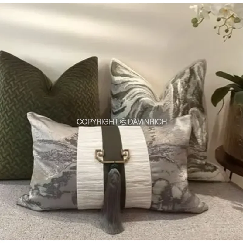 DAVINRICH Unique Artistic Drawings Green Fringed Cushion Cover Features A Metal Accessory Luxury Lumbar Pillow Case 30x50cm