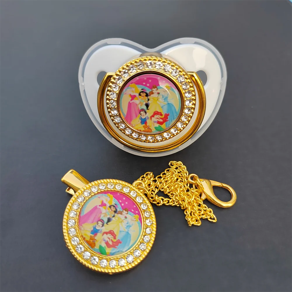 [1 conjunto] disney princesas minnie mouse bling suporte de cristal para chupeta silicone chupetas recém-nascidos conjunto bpa livre presente do