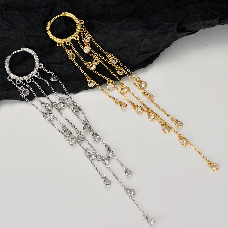 F.I.N.S CUSTOM S925 Sterling Silver Zircon Tassel Long Earrings Hanging Embossed Patterns Round Hoops Ear Buckle Fine Jewelry