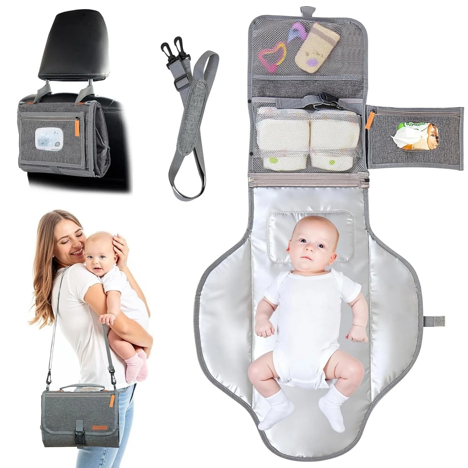 Tapis à langer portable pour bébé, design intelligent, avec poche pour lingettes, pliable, pour les 