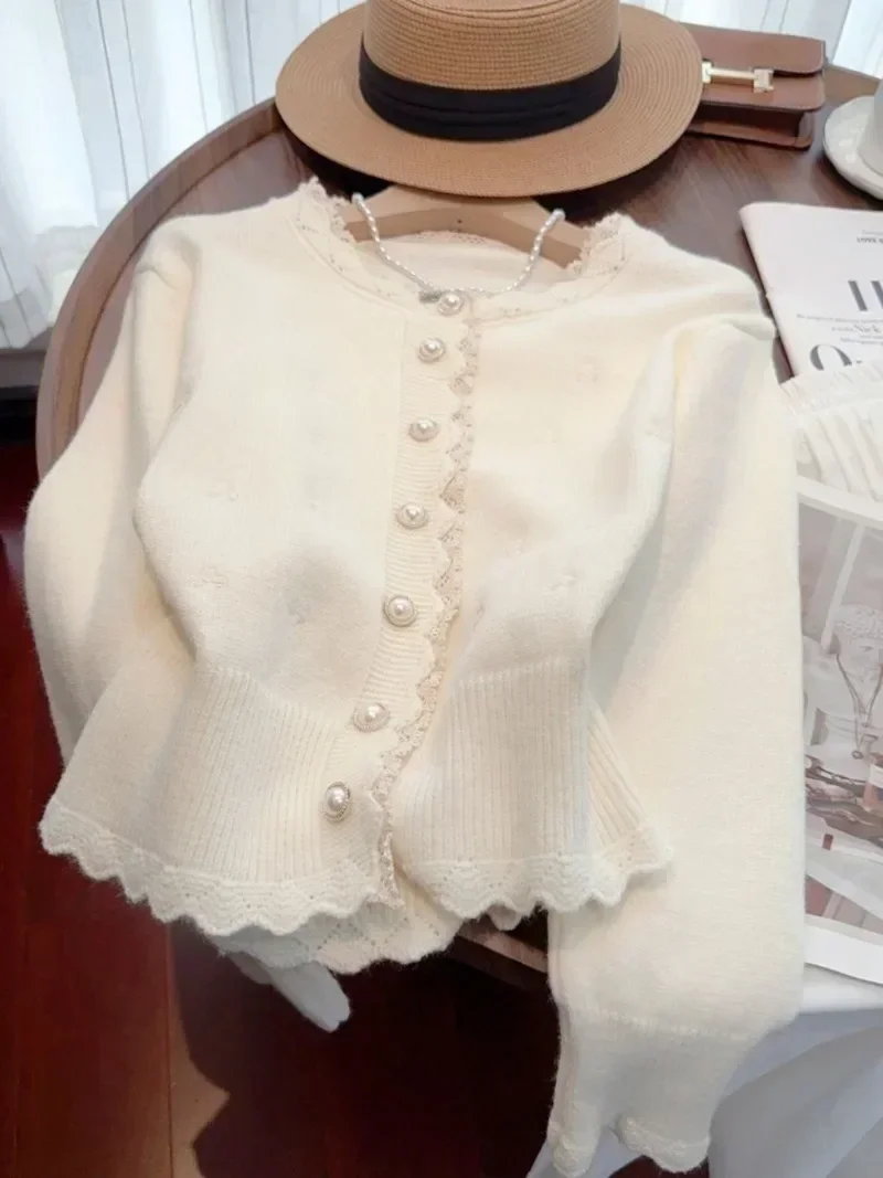 Korean Sweet Gentle Embroidered Lace Edge Sweater Coats Femme 2026 Autumn Loose Pearl Button Long Sleeve Knitted Cardigan