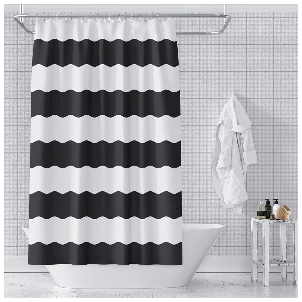 Wave shaped black striped digital printed waterproof shower curtain