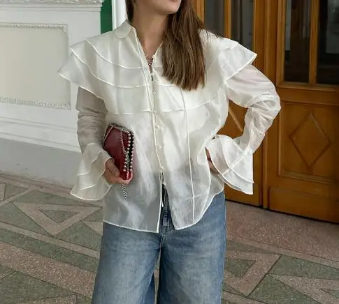 

2025 Spring/summer Fashion New Casual Simple Style Unique Toplotus Leaf Edge Chiffon Trumpet Sleeve Lotus Leaf Edge Shirt
