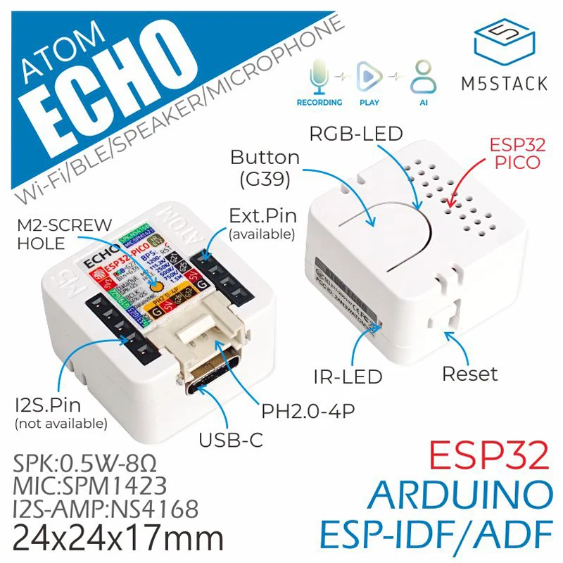 M5Stack ATOM Echo programmable smart speaker lightweight compact supports STT service built-in ESP32 Bluetooth Wi Fi Internet