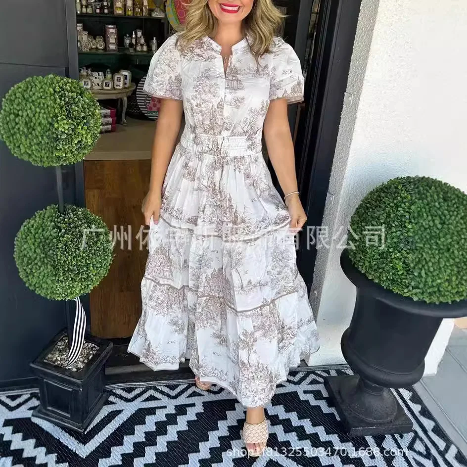 Abito lungo da donna estivo nuovo stile alla moda ed elegante stampa floreale girocollo comodo abito rinfrescante a maniche corte