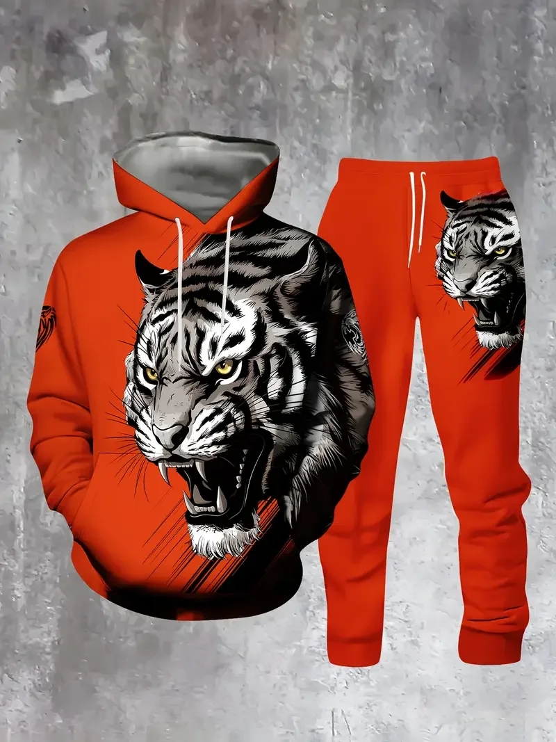 

Комплект с принтом тигра и волка, осенне-зимний комплект с капюшоном для мужчин, комплект с капюшоном для спорта и отдыха, быстросохнущий и дышащий.
