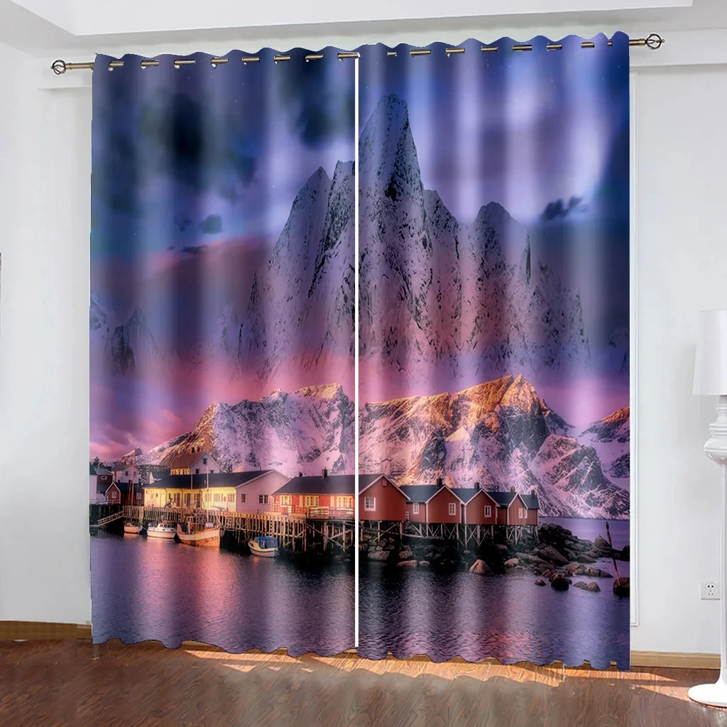 2 Pcs Dreamy Starry Sky Curtains Mountain Night Scene Pattern Living Room Bedroom Window Decoration Nature Theme Curtains