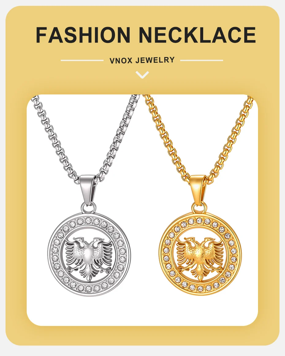 Vnox Herren Runde Doppelköpfiger Adler Anhänger Halskette, Gold Silber Farbe Edelstahl mit CZ-Besatz, Kastenkette, Ethnischer Schmuck Geschenk – Detail 1