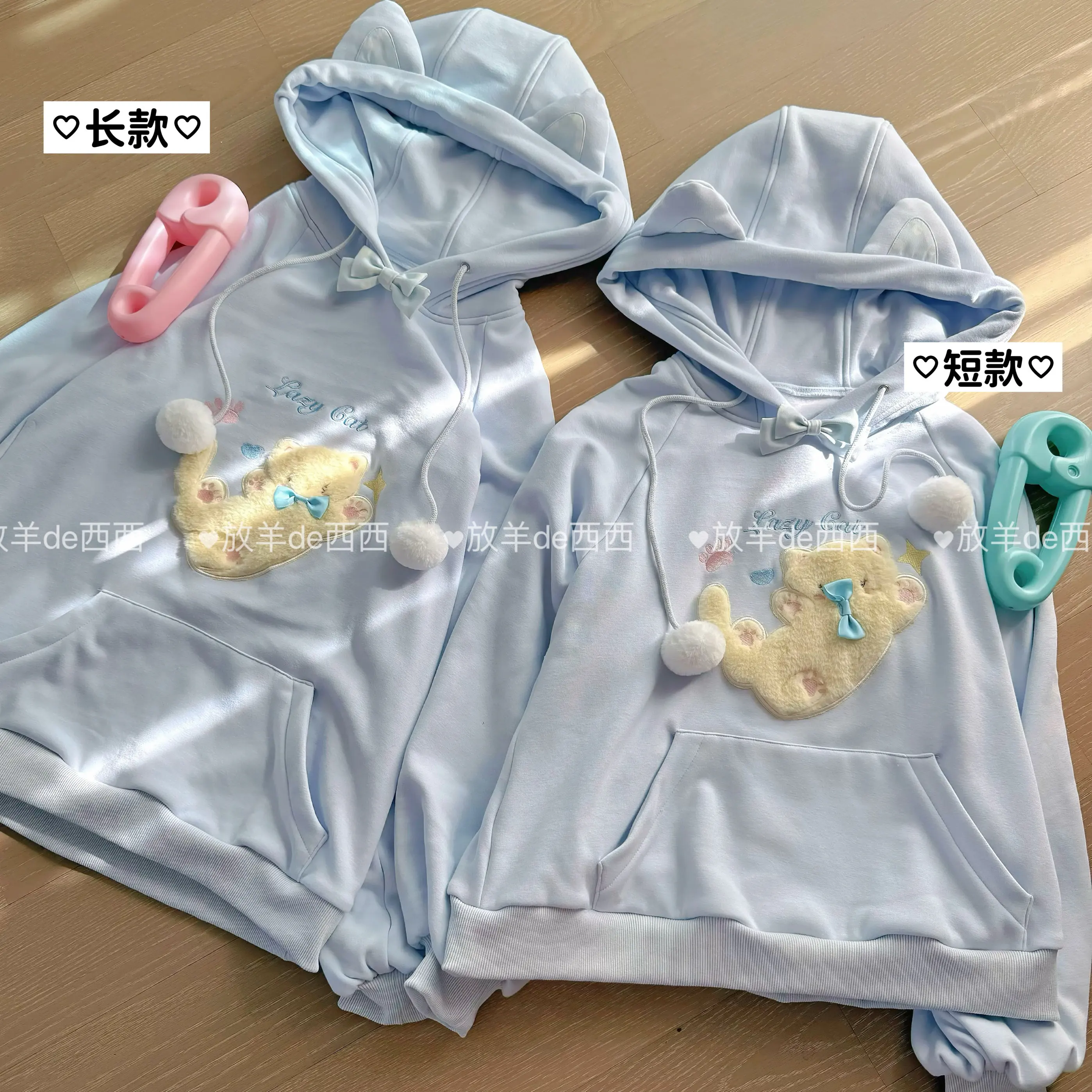 Autumn and Winter Fleece Sweatshirts Women's Kawaii Cat Embroidery Hoodie Light Blue Customized Sweatshirt with Bow