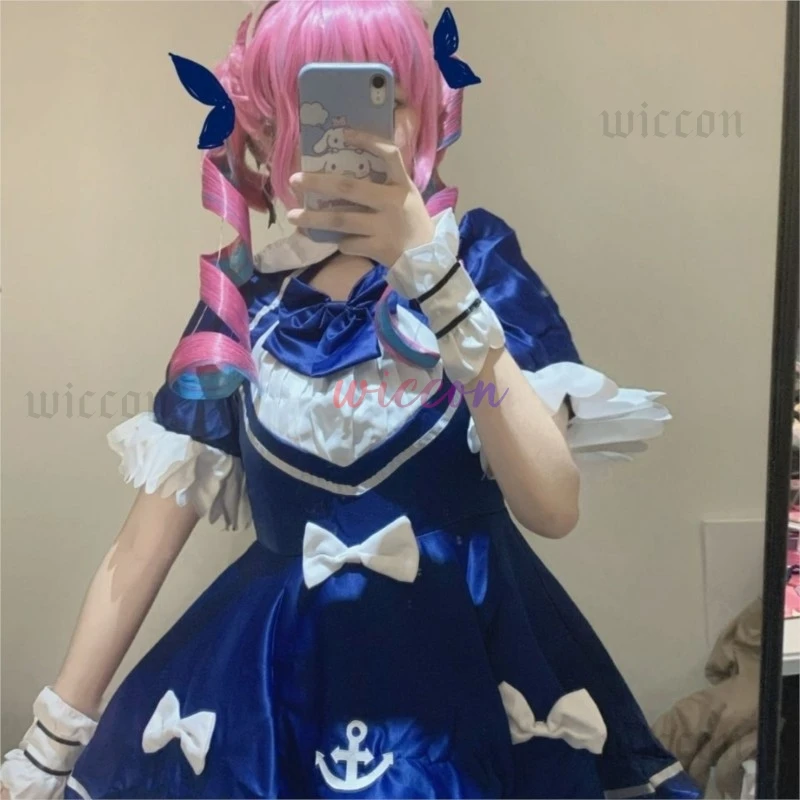 Disfraz de YouTuber Virtual Minato Aqua, peluca VTuber, vestido de sirvienta azul, traje de fiesta de cumpleaños Kawaii Sexy para mujer Lolita