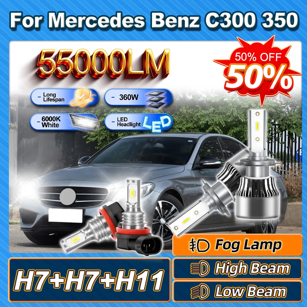 

Для Mercedes Benz C300 350 2008 2009 2010 H7 Лампа дальнего ближнего света 360 Вт H11 Противотуманная фара 6000K Canbus без ошибок 55000LM CSP