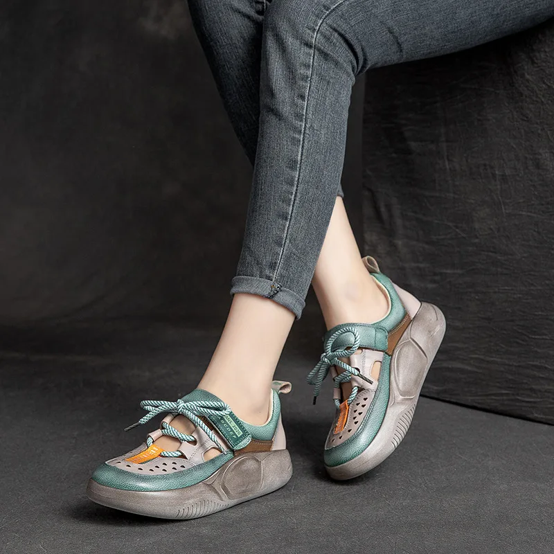 GKTINOO Hook & Loop Shoes Women Sneakers Genuine Leather Mixed Colors 2024 New Handmade Comfortable Retro Platform Sneakers