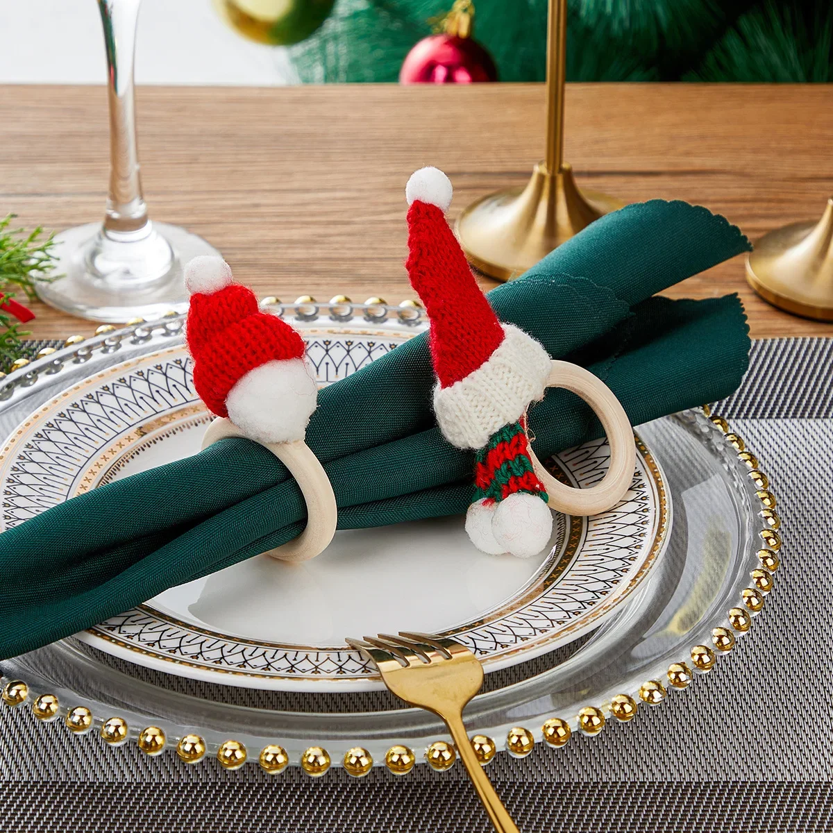 Tempat Serbet Natal dari Kayu, Topi Rajut Natal, Tempat Serbet Syal, Tempat Serbet Rustic Lucu untuk Makan Malam Natal dan Ulang Tahun