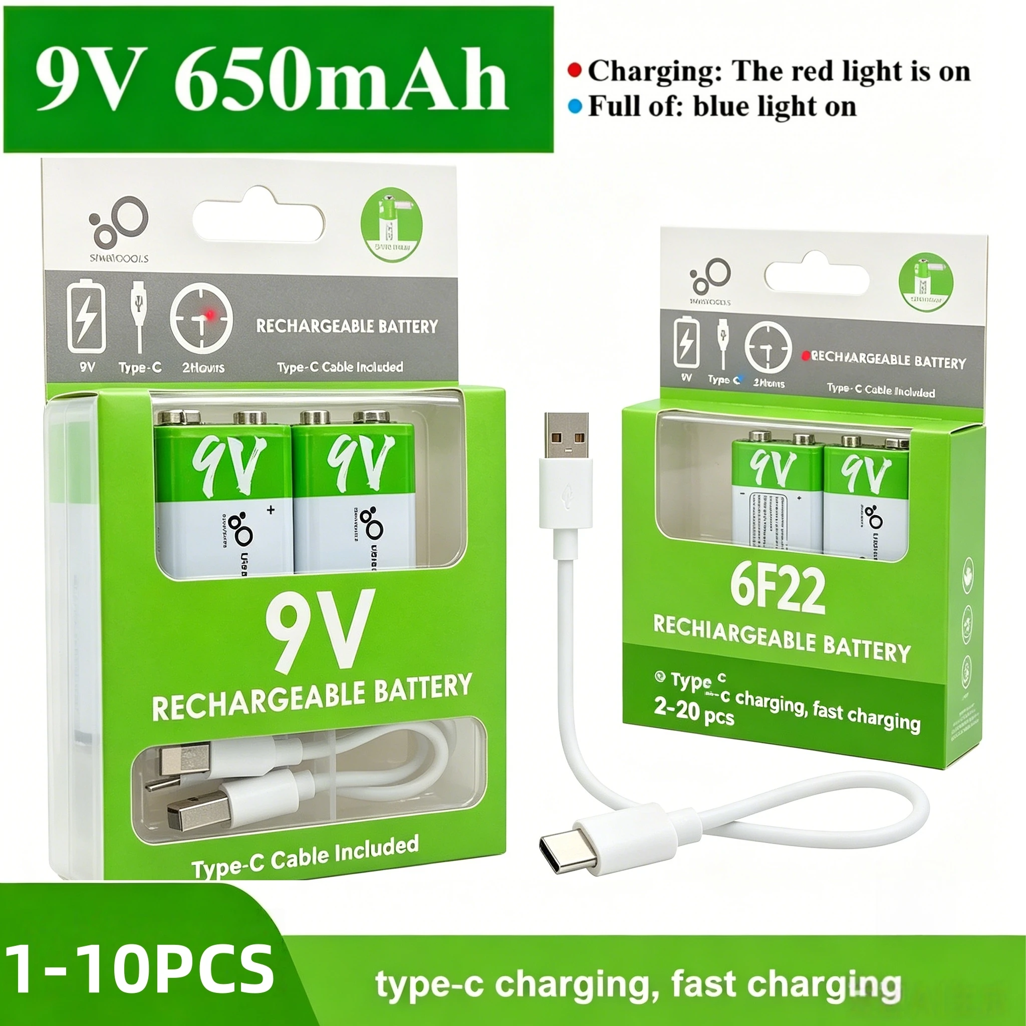 1-10PCS 9V Rechargeable Li-Ion Battery USB Charging 6F22 Li-ion Square Battery for KTV Microphone Metal Detector Toy Multimeter