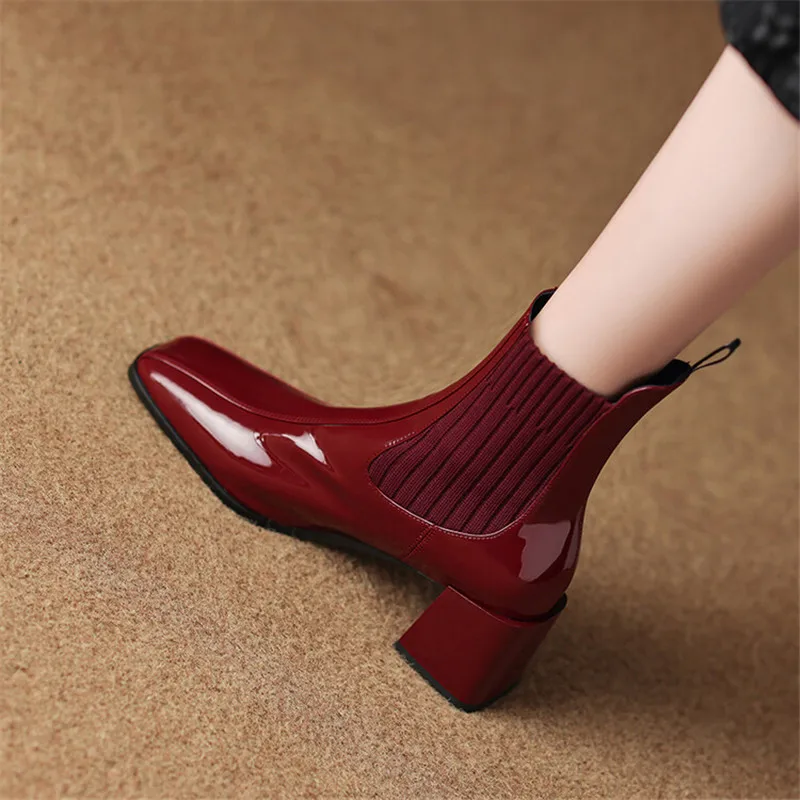New Autumn Winter Patent Leather Women Boot Shoes for Women Square Toe Fashion Short Boots Handmade Chelsea Boots High Heels