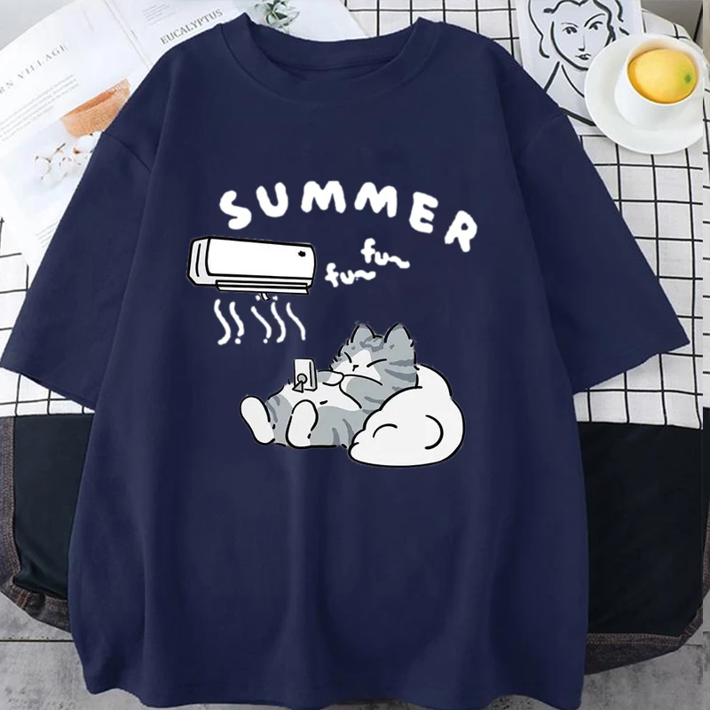 جديد لطيف القط متعة طباعة تي شيرتات قصيرة الاكمام المرأة الرجال الصيف فضفاض عادية نصف كم لينة أسفل حجم كبير قميص أعلى