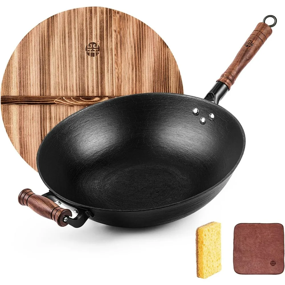

Cast Iron Wok Pan 14.2" Large Wok Stir Fry Pan Flat Bottom Wok with Lid and Wood Handle,Suitable for All Cooktops, Uncoated Cra