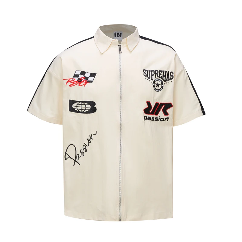 

Black White Apricot Racing Style Embroidery Pattern Zipper Shirt Short Sleeve Men Women Summer Streetwear Loose Casual Shirt