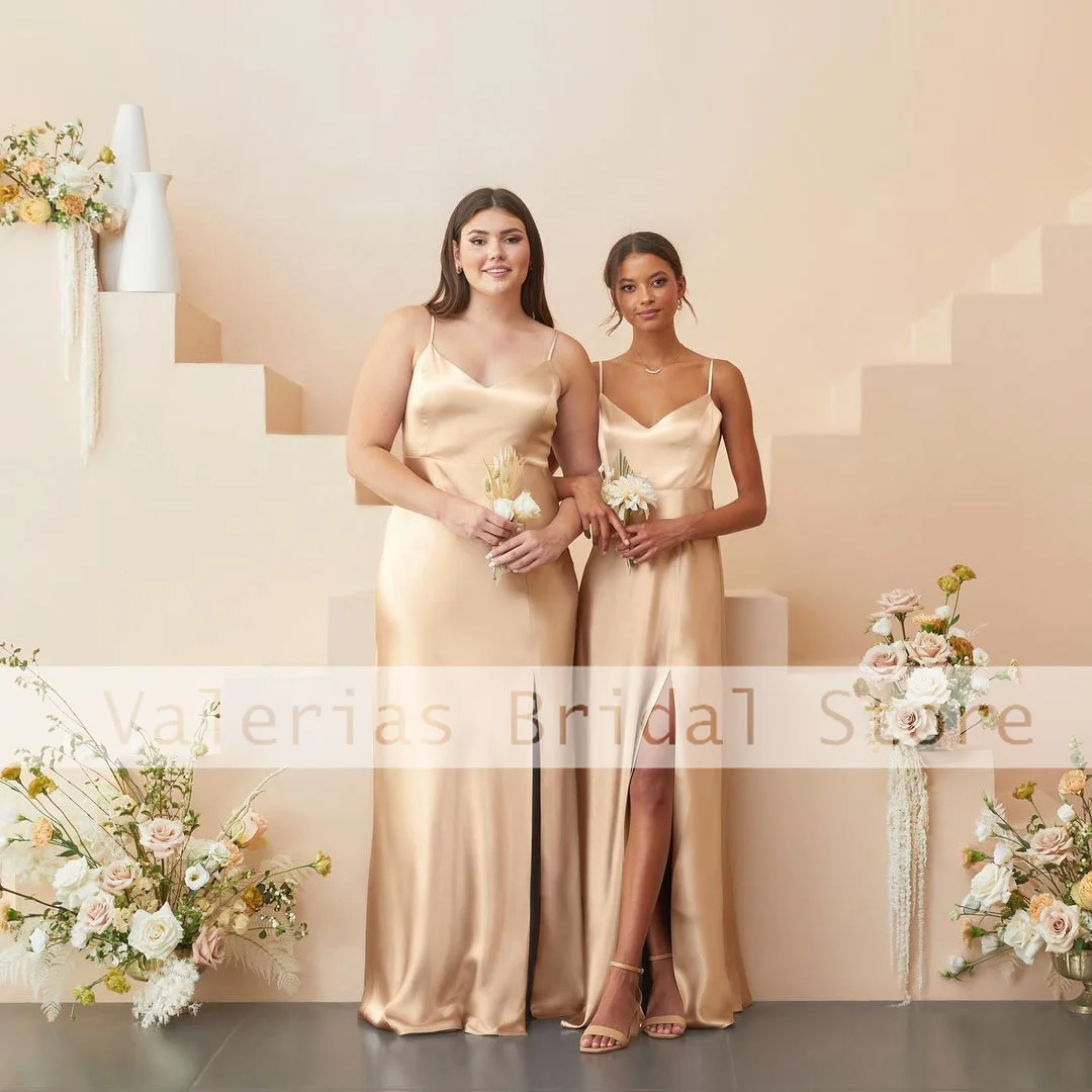 Champagne Bridesmaid Dress Satin Spaghetti Strap Elegant Wedding Party Dresses Side Split Floor Length Maid Of Honor Gown