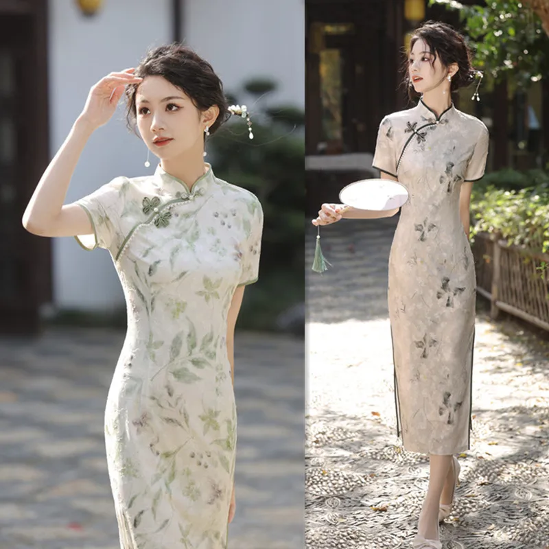 

Fashion Improvement New Chinese Style Long Cut Flower Short Sleeve Robe Qi Pao Spring and Summer Young Girl Cheongsam