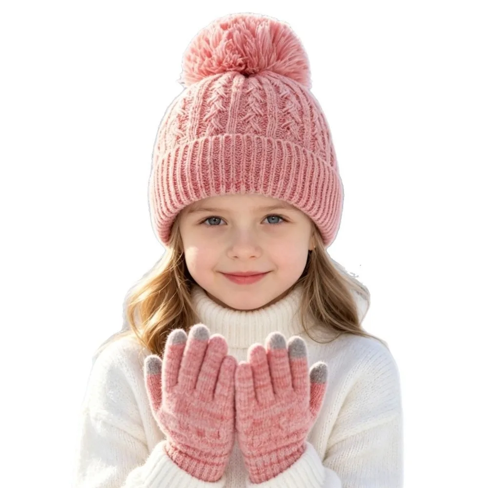2Pcs/Set Fashion Winter Children Hat Gloves Set Lining Windproof Knitted Hats Gloves Warm Thicken Bonnet Gloves Kits
