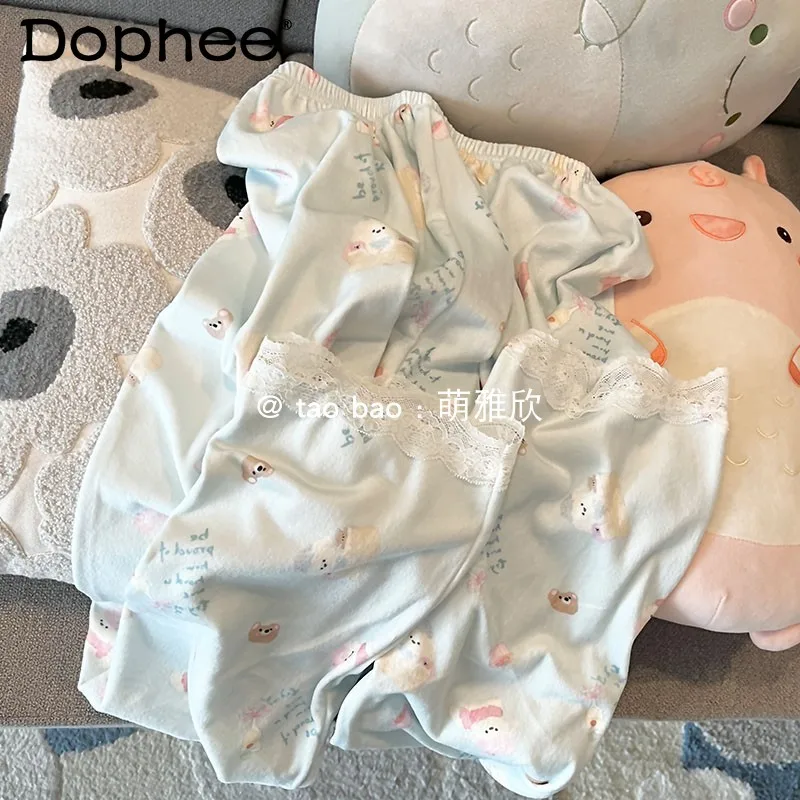 

Оригинальная пижама в японском стиле с рисунком щенка и длинными рукавами с отложным воротником для женщин, тонкая флисовая утолщенная милая домашняя одежда для девочек