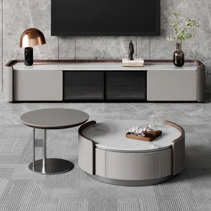 Italian Minimalist Saddle Leather Round Rock Slab Coffee Table Side Table TV Cabinet Combo for Small Apartment Living Room
