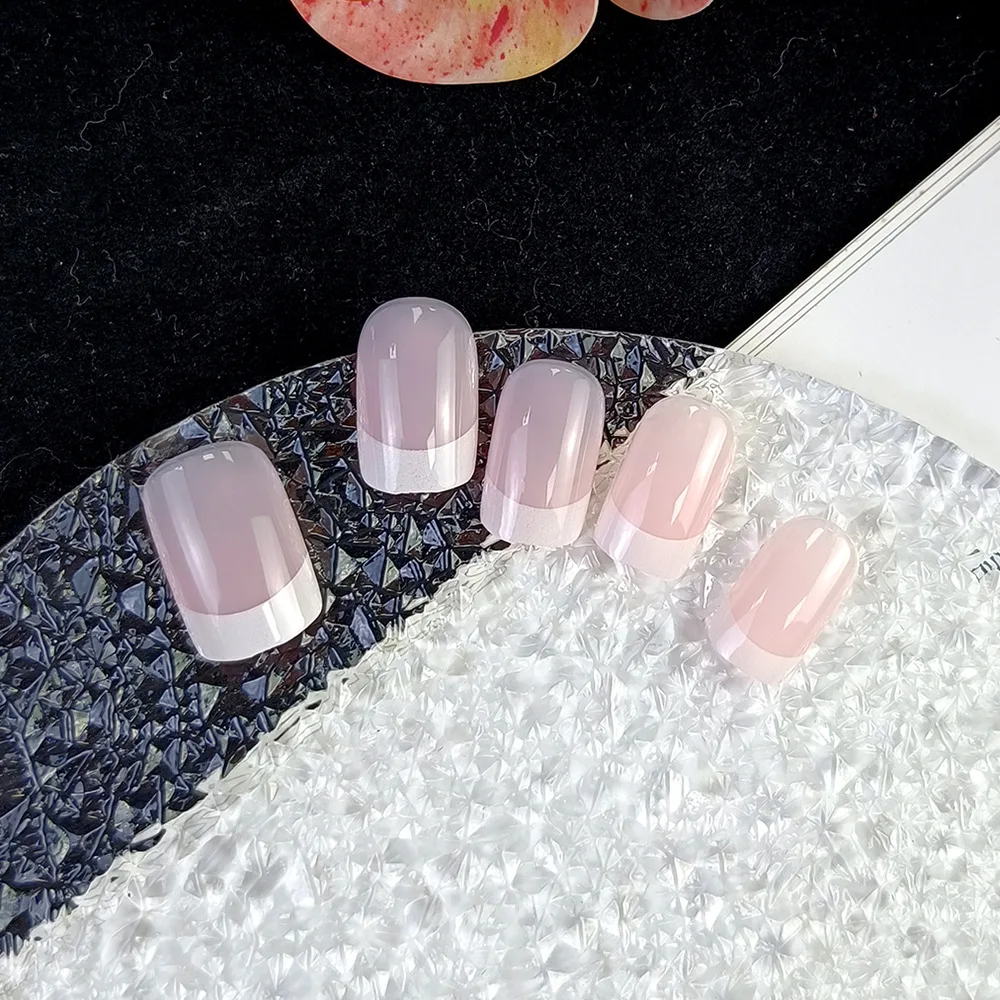 24 Pcs Glossy Medium Square Press On Nails Pink French Style False Nails Artificial Finger Manicure  Reusable False Nails